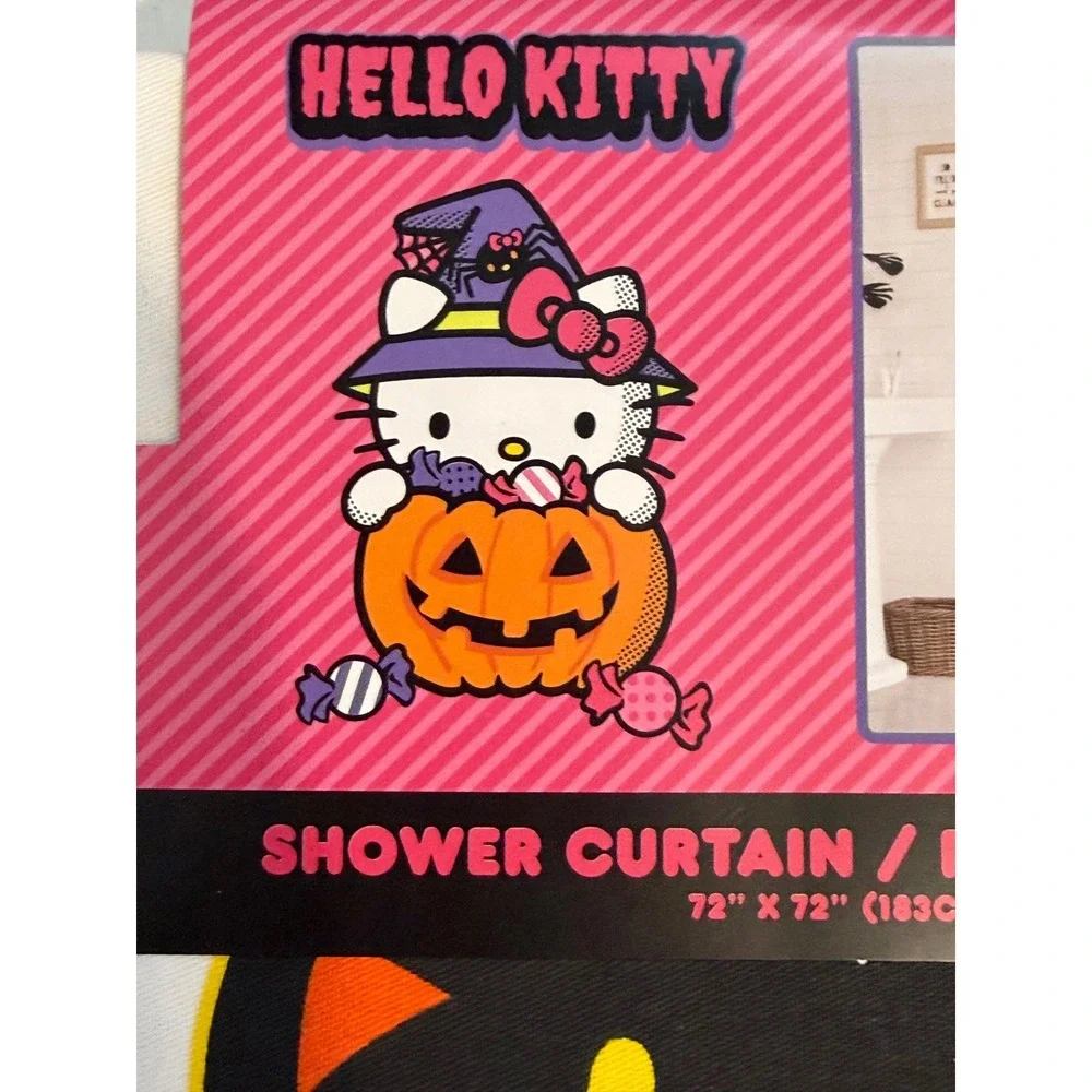 Hello Kitty Halloween Shower Curtain 100% Cotton Pumpkin Black Cat 72x72 New